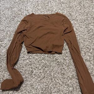 Elegant Brown Long Sleeve Crop Top